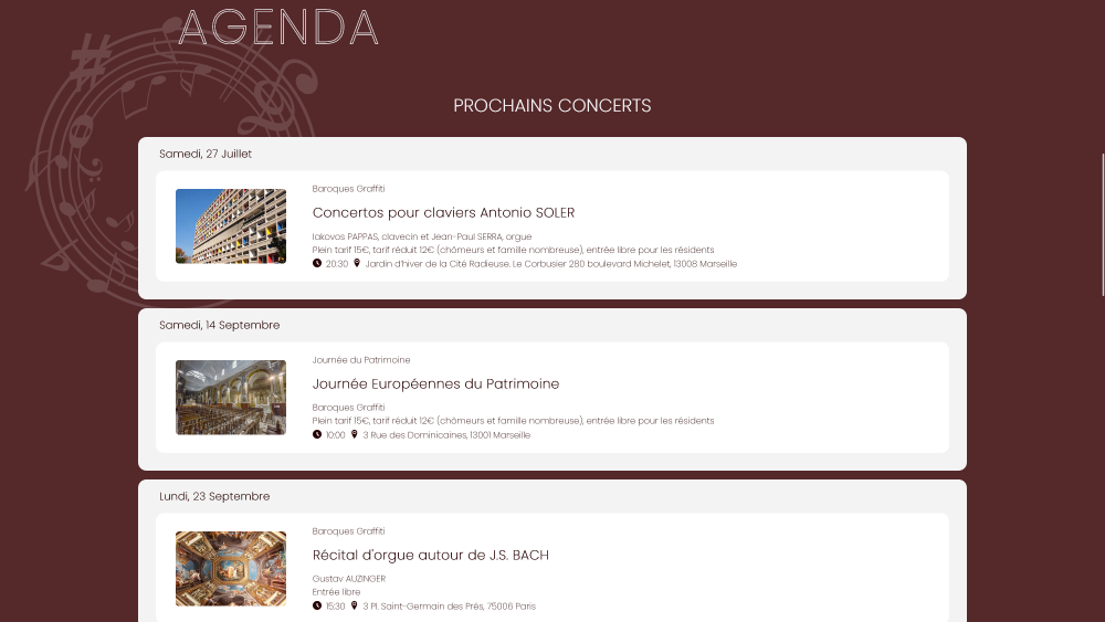 Photo de la page Agenda du site de l'association baroque graffiti